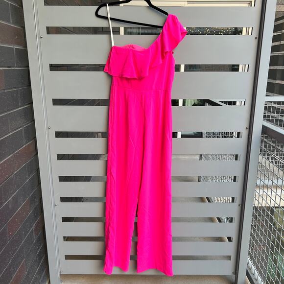 NWT Lilly Pulitzer Lyra Hot Pink Raz Berry One Shoulder Ruffle Jumpsuit Size 4 - Picture 3 of 6
